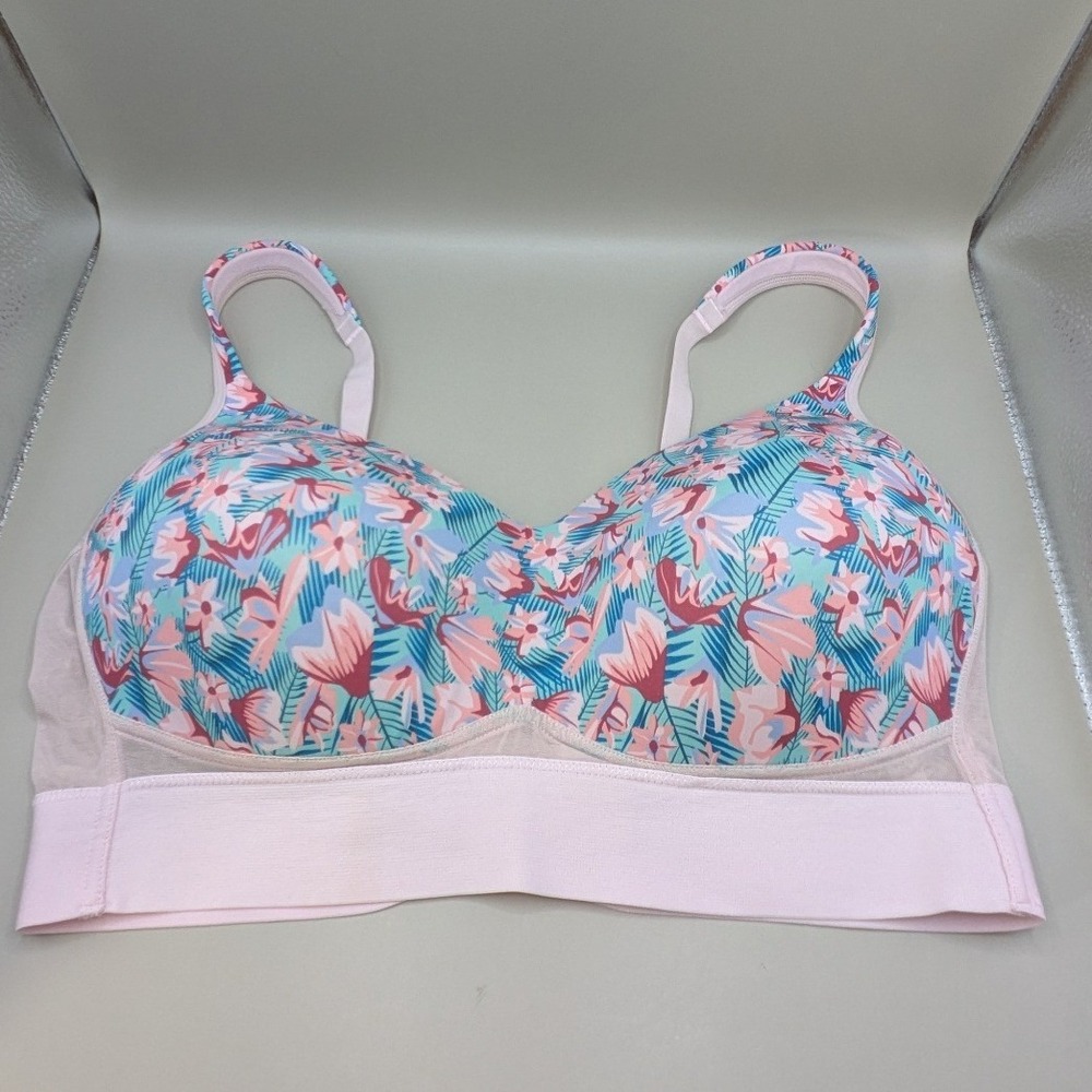 Rhonda Shear Wireless Tropical Floral Leisure Bra Pink Blue Mesh Back Size XL